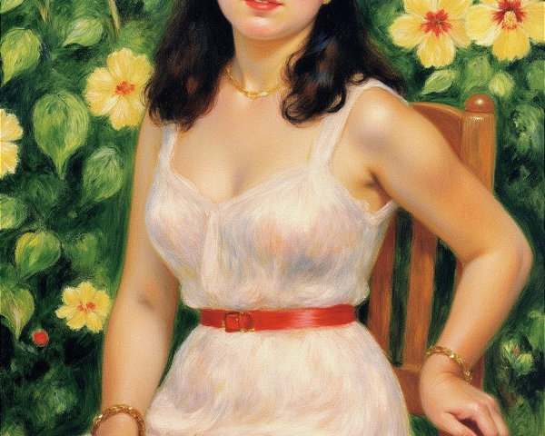Young woman in flowing dress among yellow flowers