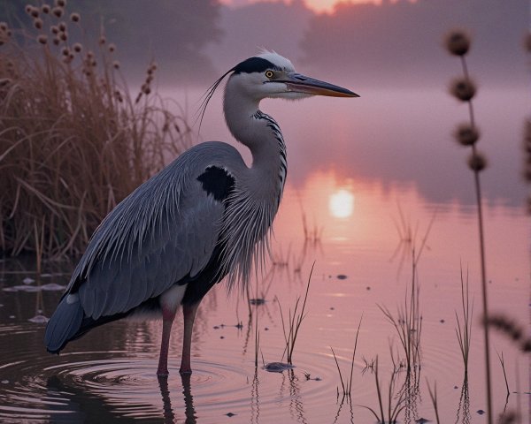 Heron in Shallow Water at Dawn with Mist and Grasses