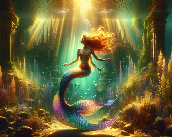 Mermaid in a sunlit underwater scene with ancient ruins