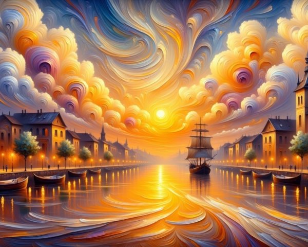 Vibrant Sunset Over Serene Waterfront with Charming Buildings