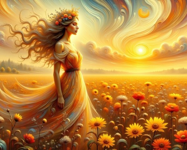 Serene figure in vibrant flower field at sunset