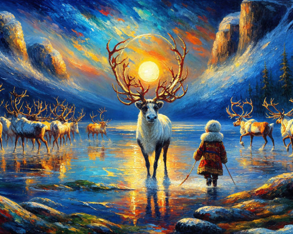 Dreamlike Landscape with Boy and Reindeer at Sunset