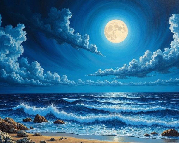 Moonlit Seascape with Waves and Rocky Shores