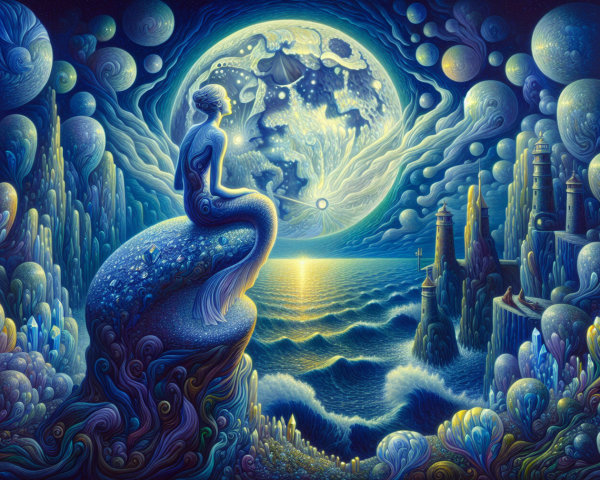 Mermaid on Rocks Under Luminous Full Moon and Ocean