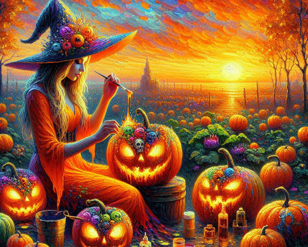 Witch Painting Jack-o-Lanterns in Pumpkin Patch Scene