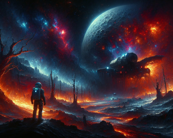 Astronaut on a surreal fiery landscape with spaceship