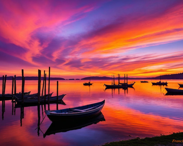 Twilight Scene of Waterway with Wooden Boats and Reflections