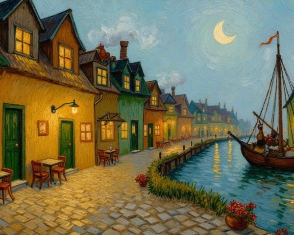 Charming Riverside Scene at Dusk with Cozy Houses