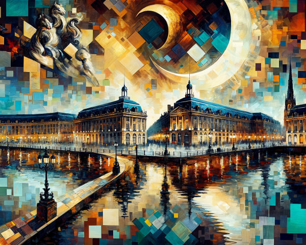 Abstract Night Scene of Historic Building by River