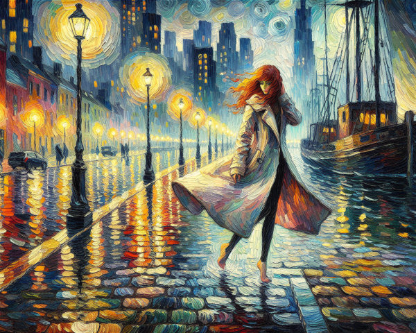 Vibrant Night Cityscape with Young Woman by Waterway