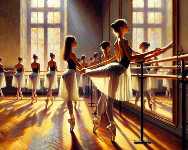 Ballet Practice in Sunlit Studio with Reflections