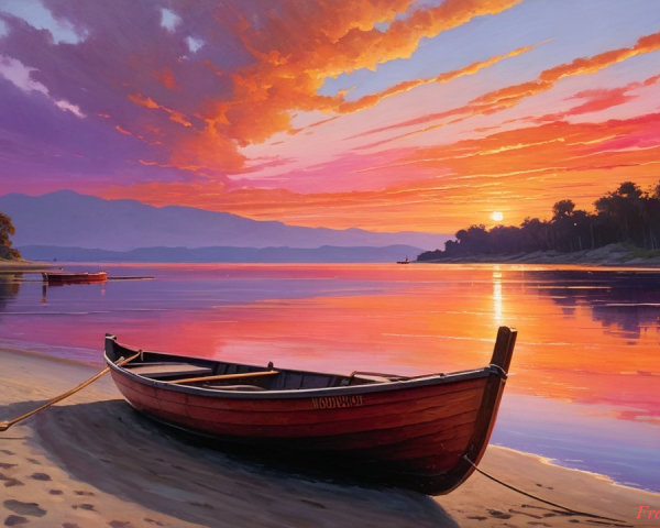 Vibrant Sunset Over Calm Waters with Red Boat