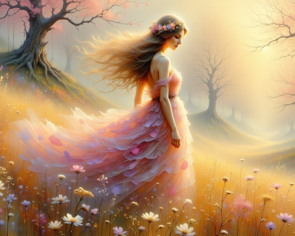 Ethereal Figure in Pink Dress in Tranquil Landscape