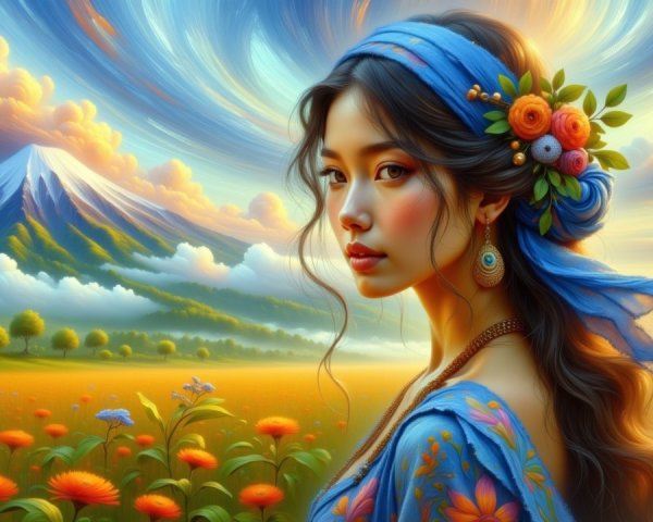 Young Woman with Flowers in Scenic Landscape