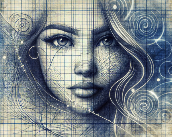 Portrait of a Woman with Blue-Toned Sketch Elements