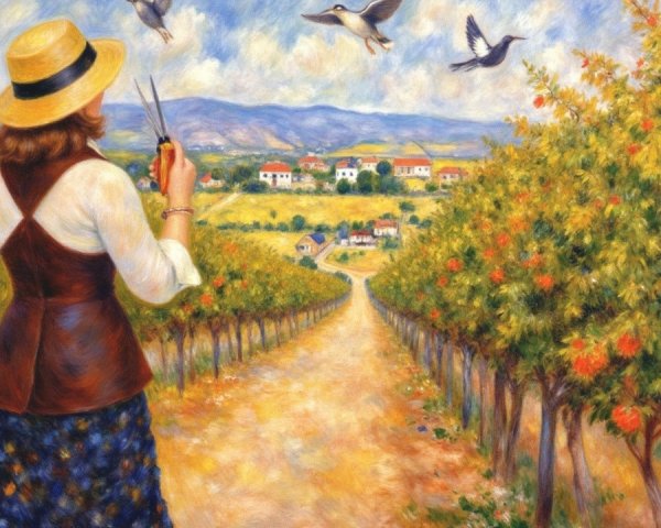 Woman in Vineyard with Pruning Shears and Straw Hat