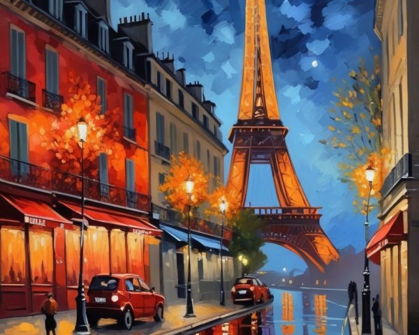 Evening Scene of Paris with Eiffel Tower and Cafes