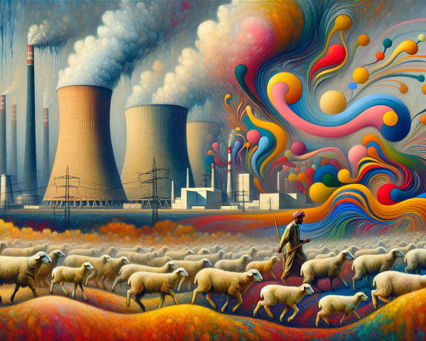 Surreal Landscape of Shepherd and Industrial Backdrop