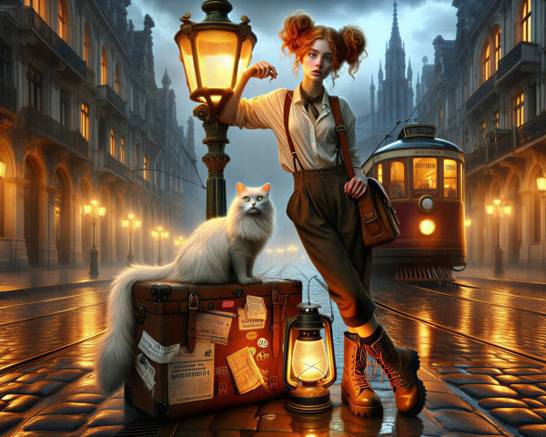 Vintage Cityscape with Young Woman and White Cat