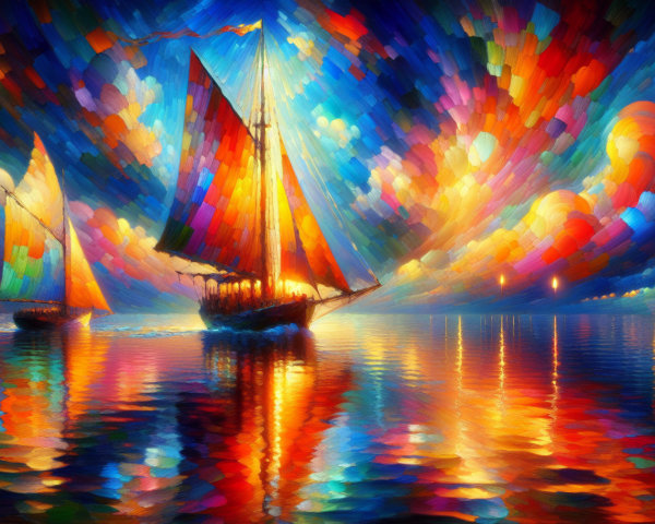 Sailboats on Colorful Water Under Vibrant Sky