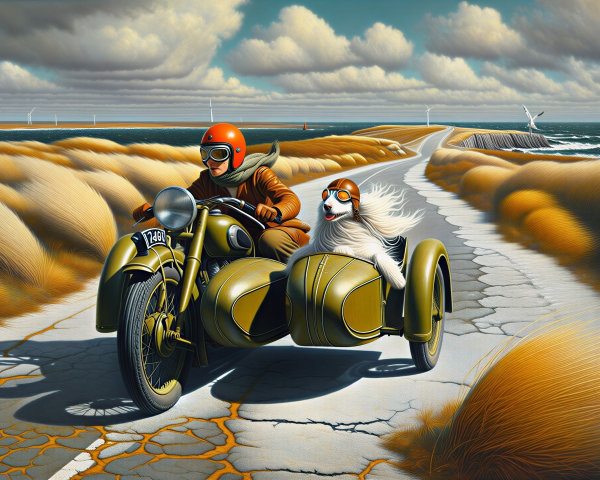 Vintage Motorcycle Ride with Dog on Coastal Road