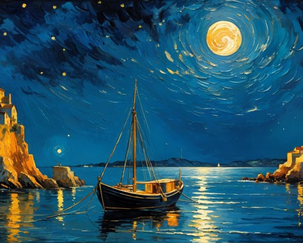 Serene Nighttime Scene with Moonlit Sea and Cliffs