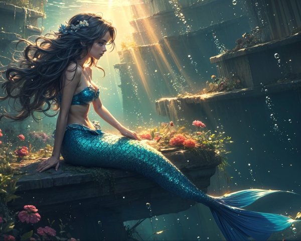 Underwater Scene with Mermaid and Vibrant Flowers