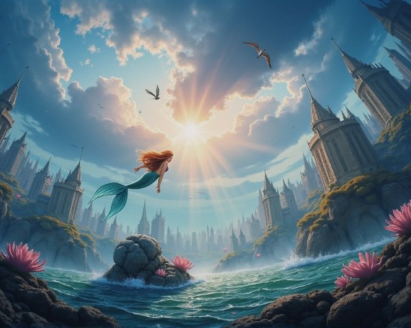Mermaid in Underwater World with Sunlight and Castles