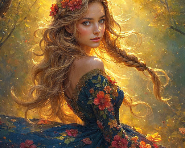 Young woman in floral gown among autumn scenery
