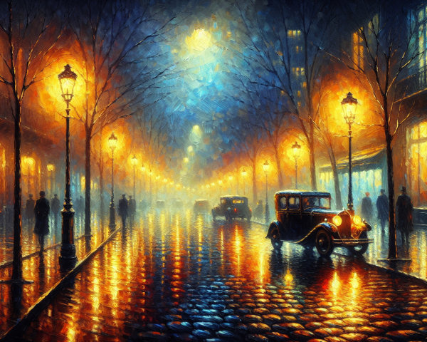 Vibrant Street Scene with Misty Evening Atmosphere