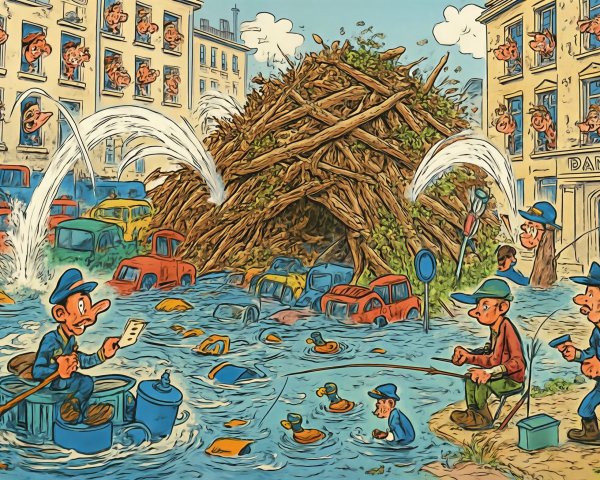 Urban Flooding with Beaver Dam in Cartoon Illustration