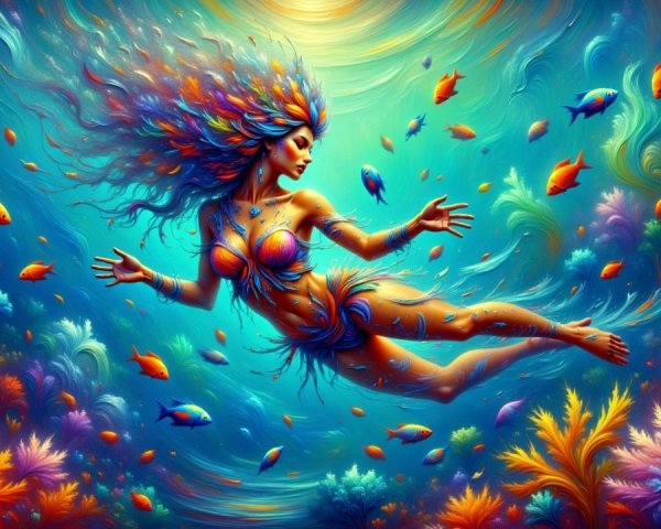Vibrant Underwater Scene with Graceful Figure and Coral