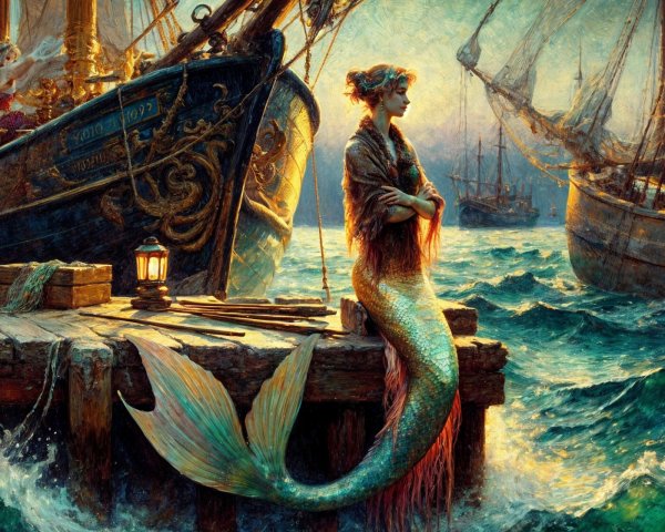 Twilight Coastal Scene with Mermaid and Ships