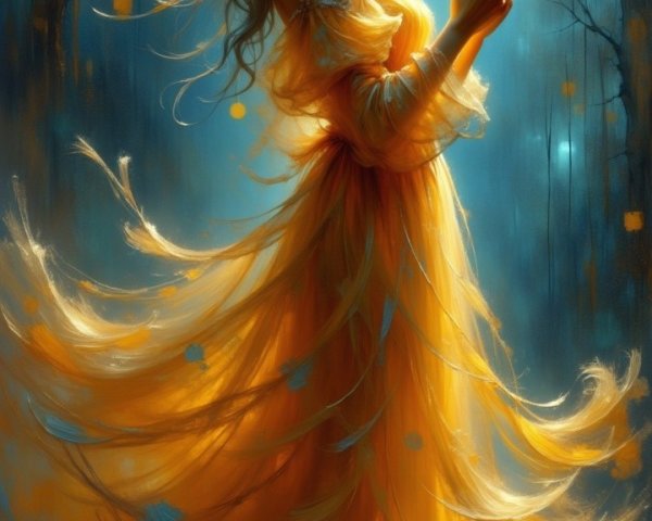 Woman in Golden Gown in Mystical Forest Setting