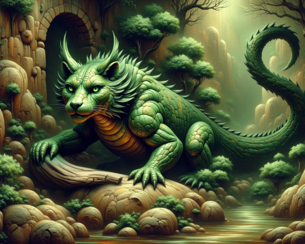 Majestic Dragon-Feline Creature in Mystical Landscape