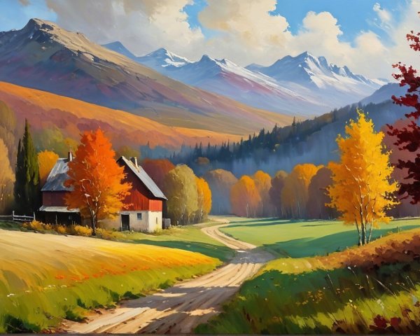 Rustic Farmhouse in Vibrant Autumn Landscape
