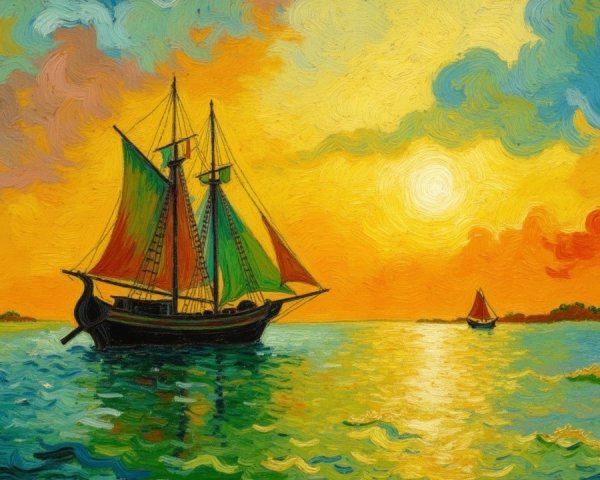 Vibrant Sunset Over Calm Waters with Sailing Ships