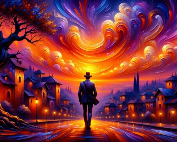 Vibrant Street Scene with Abstract Sky and Shadows