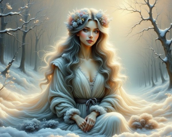 Serene Figure in Snowy Landscape with Ethereal Light