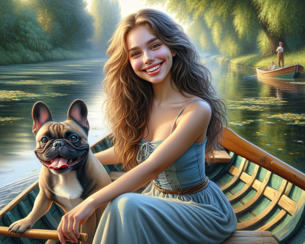 Young woman in a boat with a French Bulldog by river