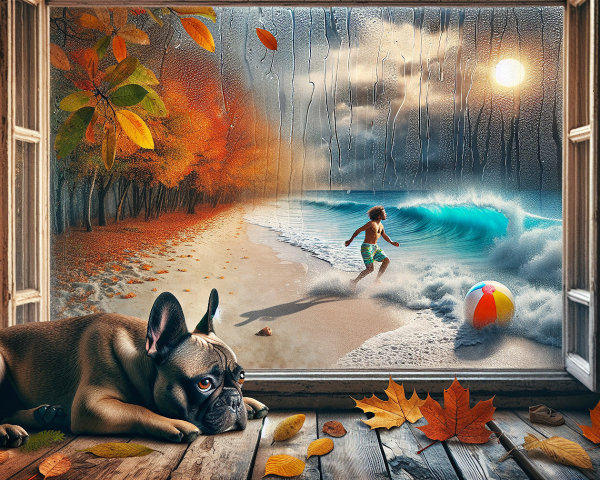 Autumn Landscape Meets Beach Scene with a Dog and Boy