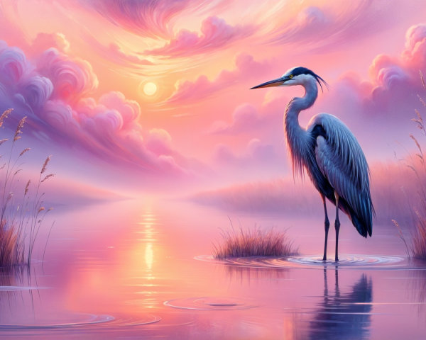 Serene Sunset Landscape with Heron and Reflective Waters
