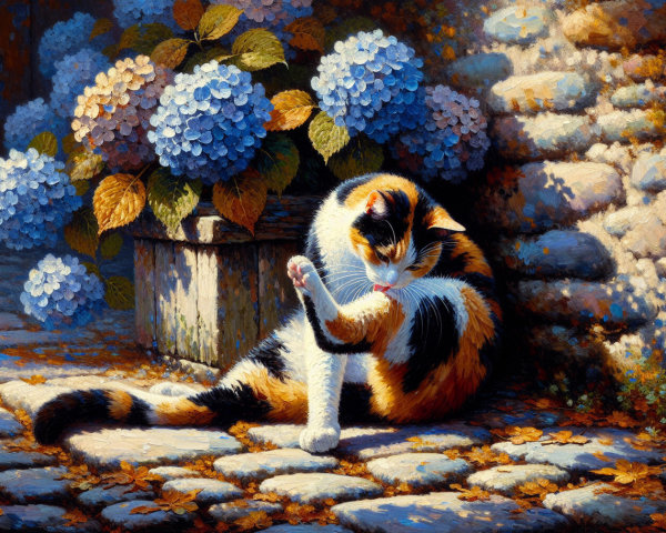 Calico Cat on Cobblestone Path with Hydrangeas