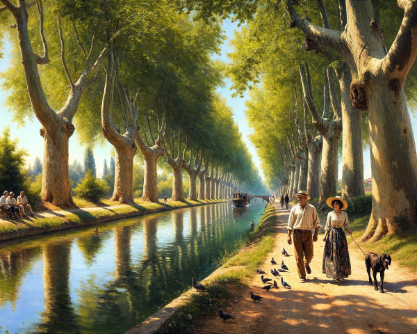 Tranquil Canal Scene with Vintage Attire and Nature