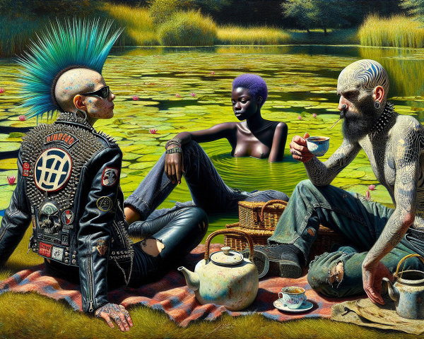Picnic Scene by a Pond with Unique Individuals