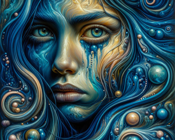 Close-Up of Female Face with Blue Eyes and Abstract Hair