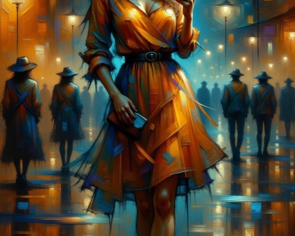Woman in Orange Dress on Rainy Street at Night
