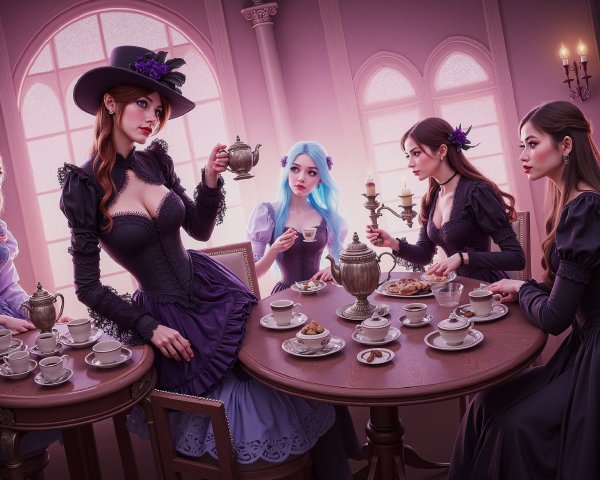 Elegant Tea Party with Five Women in Purple and Black