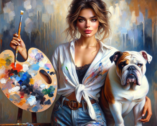 Young woman with palette and bulldog in colorful setting
