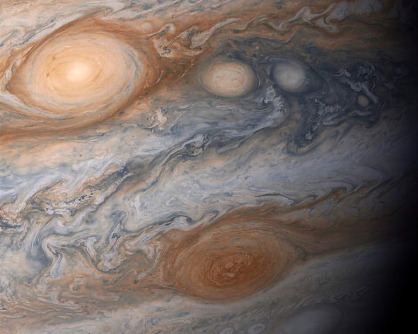High-Angle View of Jupiter's Colorful Storm System